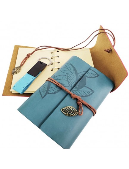 Özel Ahşap Kutulu Mavi Deri Defter ve Anahtarlık Seti