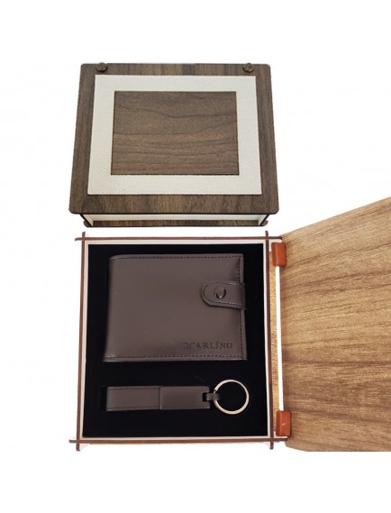 Ahşap Kutulu Deri Cüzdan Ve Anahtarlık Seti