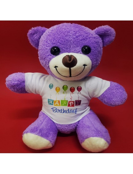 Happy Birthday Tişörtlü Peluş Mor Ayıcık