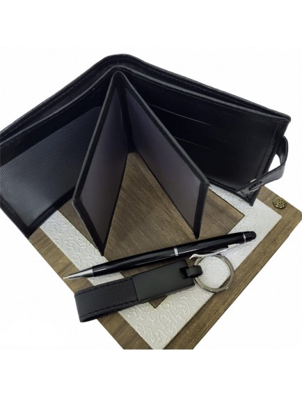 Ahşap Deri Kutulu Siyah Renk 3'lü Hediye Seti - Kalem, Cüzdan, Anahtar