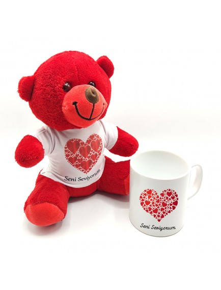 Seni Seviyorum Baskılı Kırmızı Ayıcık ve Kupa Bardak Seti
