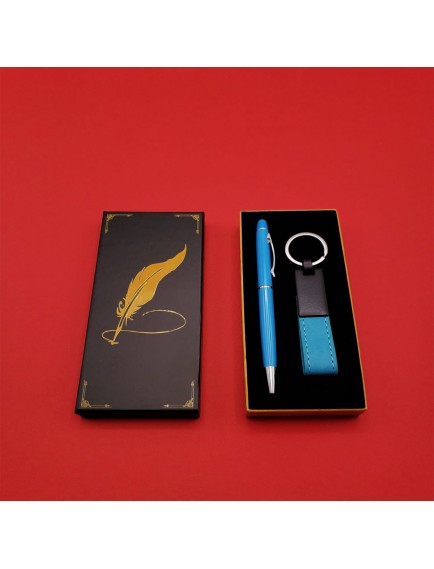 Mavi Metal Deri Anahtarlık ve Kalem Seti