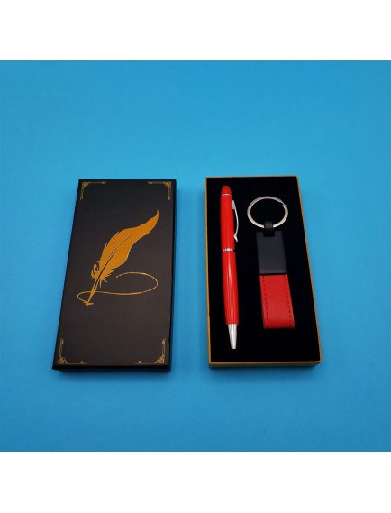 Kutulu Kırmızı Deri Anahtarlık ve Touchpen Tükenmez Kalem Hediye Seti