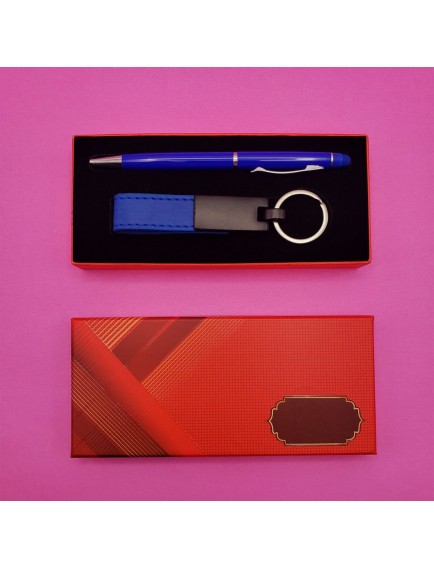 Kırmızı Kutulu Lacivert Anahtarlık ve Kalem Seti