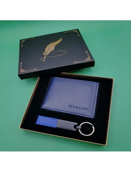 Kutulu Mavi Deri Cüzdan Ve Anahtarlık Seti