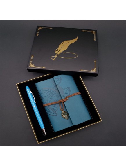 Siyah Kutulu Yaprak Desenli Mavi Deri Defter Ve Kalem Seti