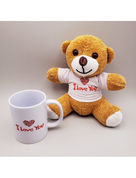 Kahverengi I Love You Tişörtlü Ayıcık ve Baskılı Kupa Seti