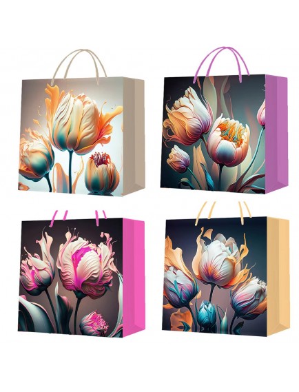 Küçük Boy Lale Desenli Karton Hediye Çantası