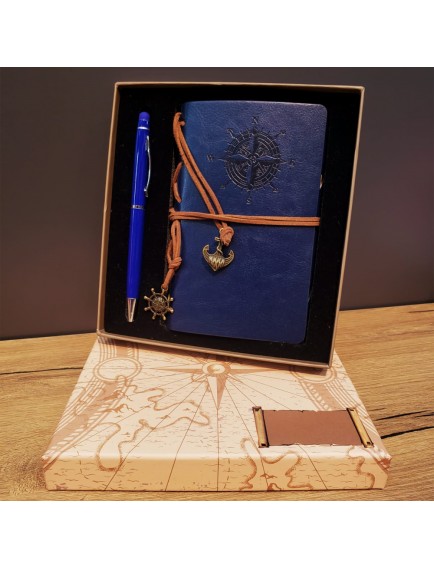 Lacivert Pusula Tasarım Deri Defter Ve Tükenmez Kalem Seti