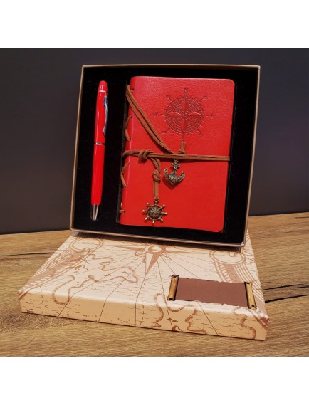 Kırmızı Pusula Tasarım Deri Defter Ve Touchpen Kalem Seti