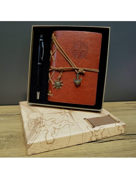 Kahverengi Pusula Tasarım Deri Defter Ve Siyah Kalem Seti