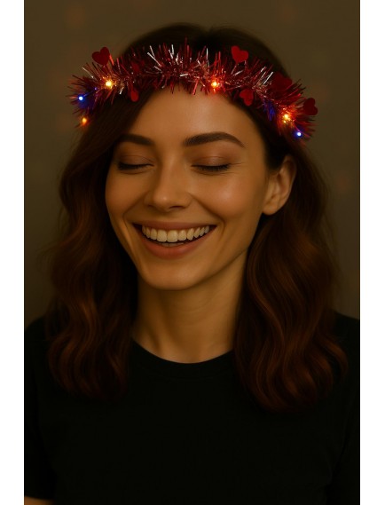 Kalp Püsküllü 3 Modlu LED Işıklı Taç Kırmızı Renk
