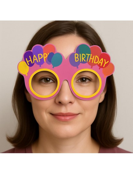Balon Desenli Karton Doğum Günü Gözlükleri 6 Adet Pembe Renk