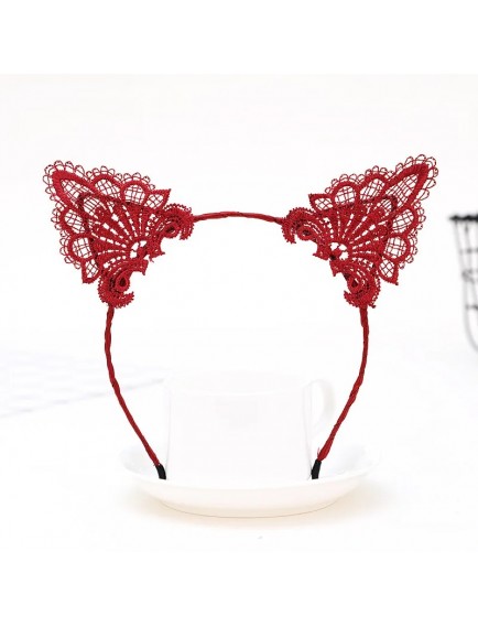 Dantelli Kırmızı Kedi Tacı - Vintage Tarz Dantel Kedi Kulak