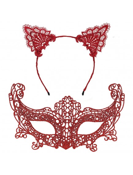 Romantik Kırmızı Dantel Maske Seti – Kedi Kulaklı Taç ve Maske No 3