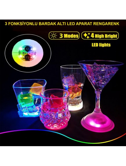 Renkli LED Işıklı Bardak Altlığı - 12 Adet, Pilli