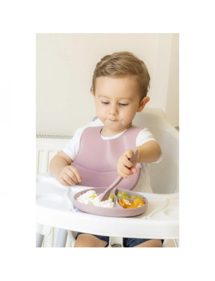 Pembe 3’lü Silikon Yemek Seti – Önlük + Diş Kaşıyıcılı Kaşık + Vakumlu Tabak