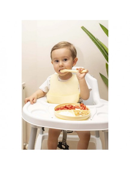 Sarı 3’lü Silikon Yemek Seti – Önlük + Diş Kaşıyıcılı Kaşık + Vakumlu Tabak