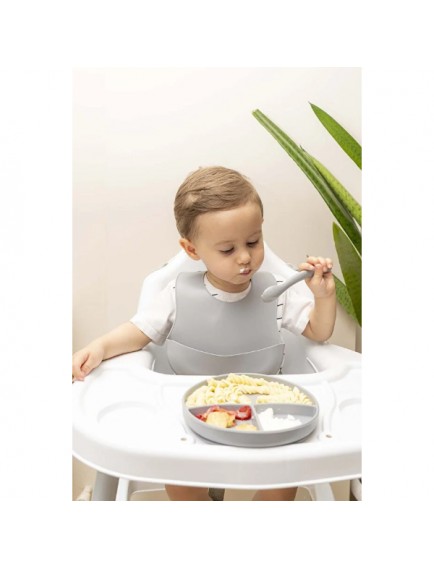 Gri 3’lü Silikon Yemek Seti – Önlük + Diş Kaşıyıcılı Kaşık + Vakumlu Tabak