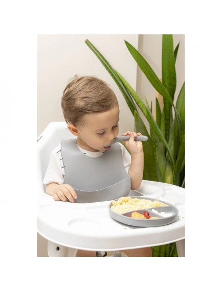 Gri 3’lü Silikon Yemek Seti – Önlük + Diş Kaşıyıcılı Kaşık + Vakumlu Tabak