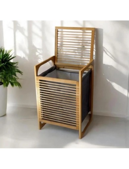 Orta Boy Ahşap Bambu Kirli Sepeti 40x35x60