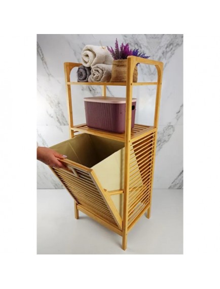 2 Organizer Raflı Ahşap Bambu Çek-Aç Kirli Sepeti