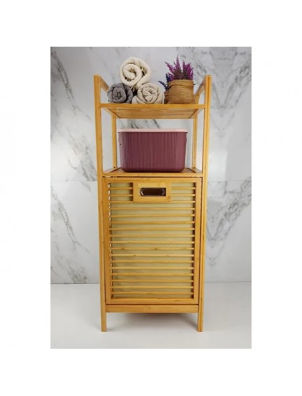 2 Organizer Raflı Ahşap Bambu Çek-Aç Kirli Sepeti