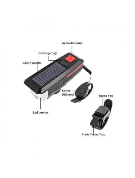 Güneş Enerjili Bisiklet Işıklı Korna
