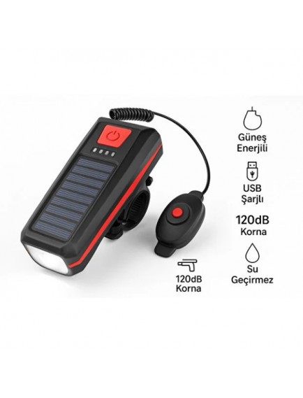 Güneş Enerjili Bisiklet Işıklı Korna