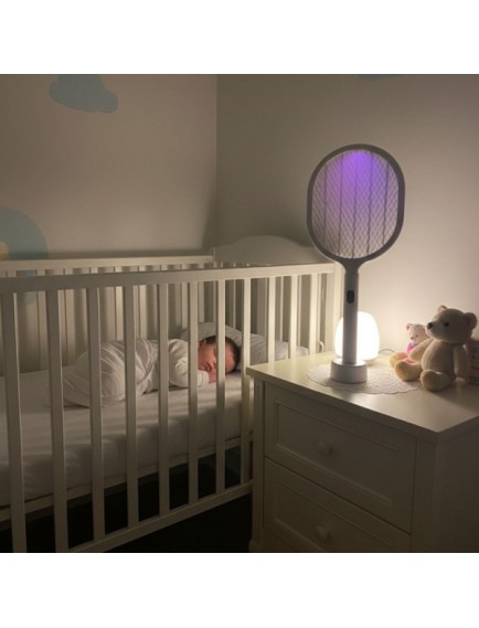 USB Şarjlı Standlı Şarj Göstergeli UV Işıklı Beyaz Sinek Öldürme Raketi