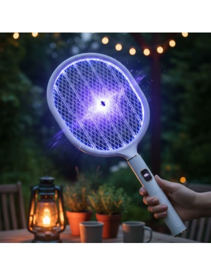 USB Şarjlı Standlı Şarj Göstergeli UV Işıklı Beyaz Sinek Öldürme Raketi