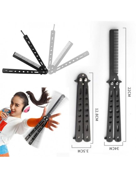 Siyah Katlanabilir Paslanmaz Çelik Kelebek Bıçak Tasarımlı Tarak