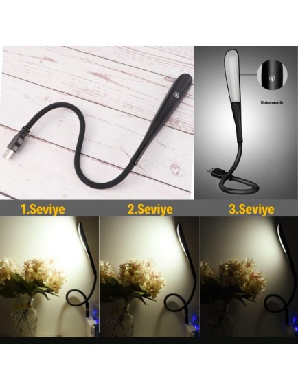 Kompakt USB Siyah 14 Ledli 3 Kademeli Dokunmatik Okuma Lambası