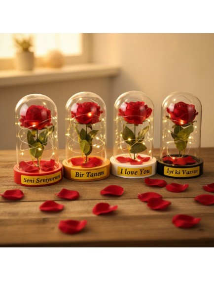 Gül Yapraklı Ledli Gül Fanus