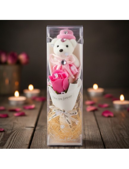 Şeffaf Kutulu Ayıcıklı Gül Buketi