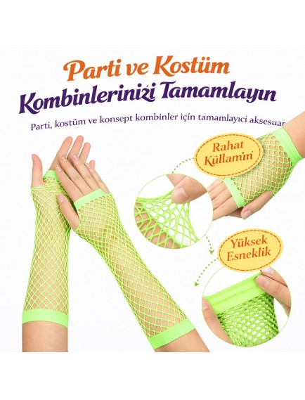 Retro Neon Yeşil File Parmaksız Eldiven 26 cm