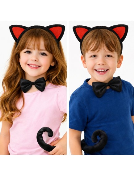Kırmızı Kulaklı Kedi Kostüm Seti – Taç, Papyon, Kuyruk