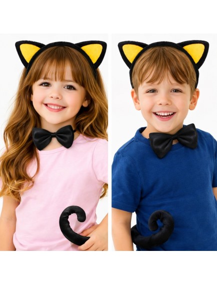 Sarı Kulaklı Kedi Kostüm Seti – Taç, Papyon, Kuyruk