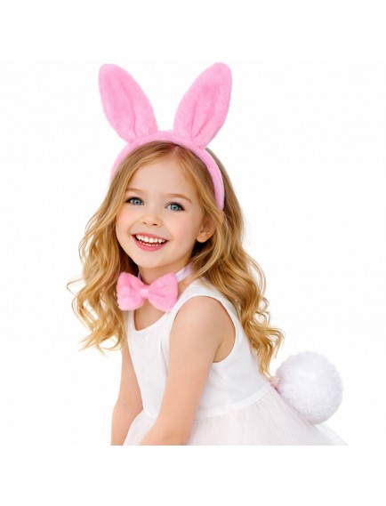 Kız Çocuk Pembe Tavşan Kulaklı Kostüm Seti – Tütü, Taç, Papyon, Ponpon