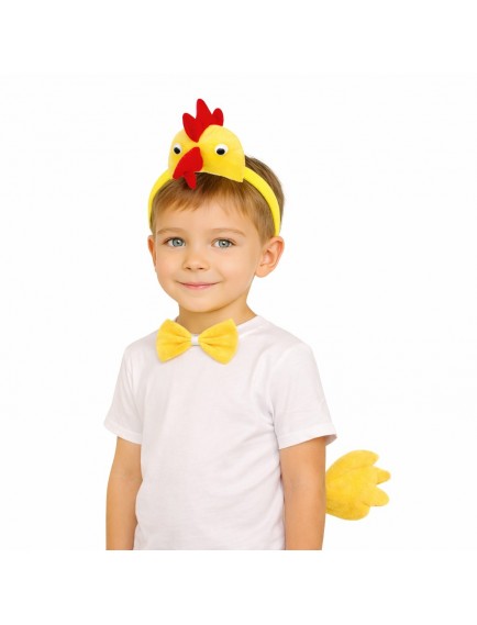 Çocuk Horoz Tavuk Kostüm Seti 3 Parça (Taç + Papyon + Kuyruk)
