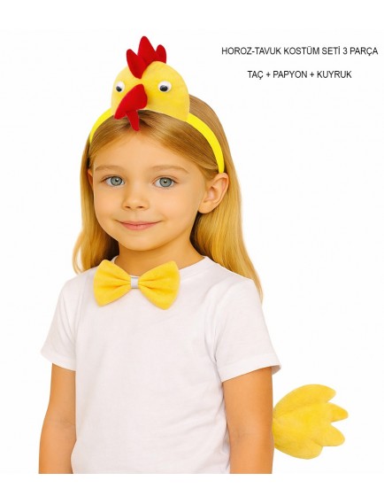 Çocuk Horoz Tavuk Kostüm Seti 3 Parça (Taç + Papyon + Kuyruk)